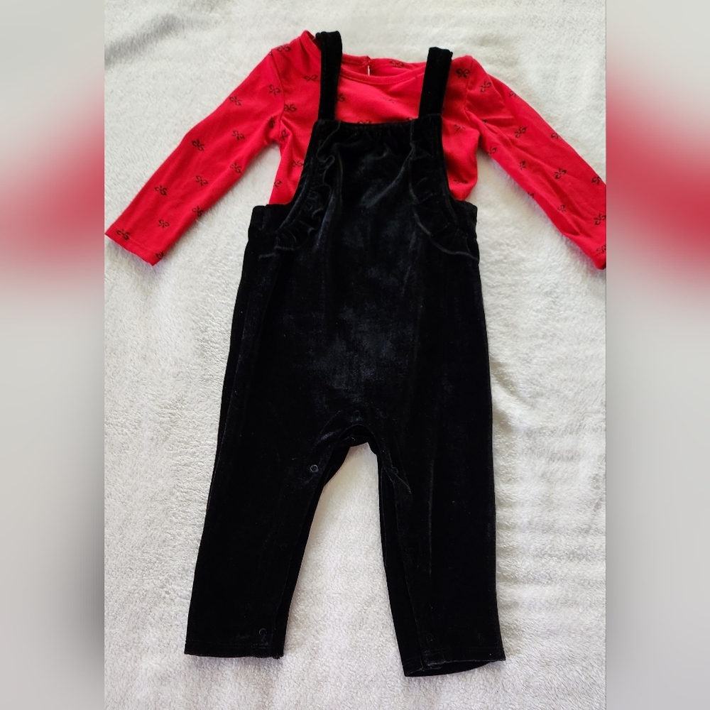Baby Girl's Velour Overalls and Bodysuit Set- Black